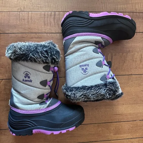 Kamik Snowangel Insulated Winter Boots Faux Fur Lining Silver Pink Size Girls 3