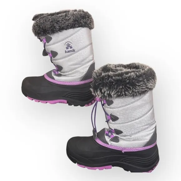 Kamik Snowangel Insulated Winter Boots Faux Fur Lining Silver Pink Size Girls 3