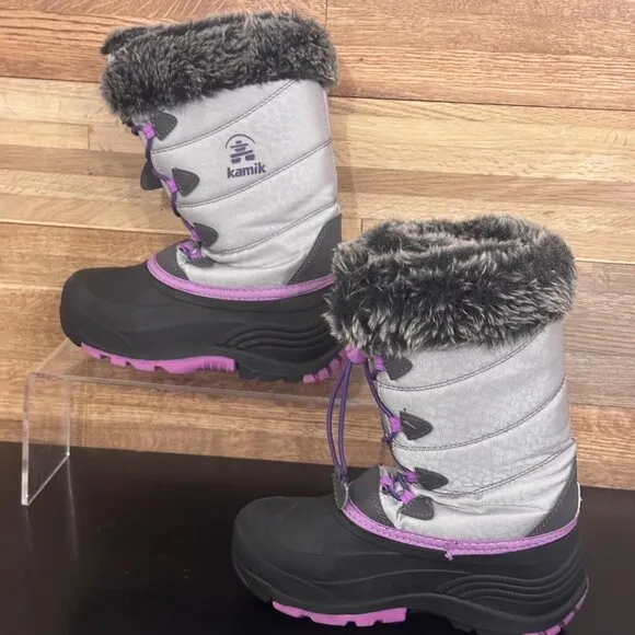Kamik Snowangel Insulated Winter Boots Faux Fur Lining Silver Pink Size Girls 3