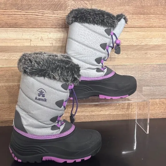 Kamik Snowangel Insulated Winter Boots Faux Fur Lining Silver Pink Size Girls 3