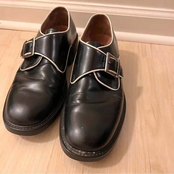 Kenneth Cole Tone Collector Monk Strap Shoes Black Leather Men's 10 White Piping