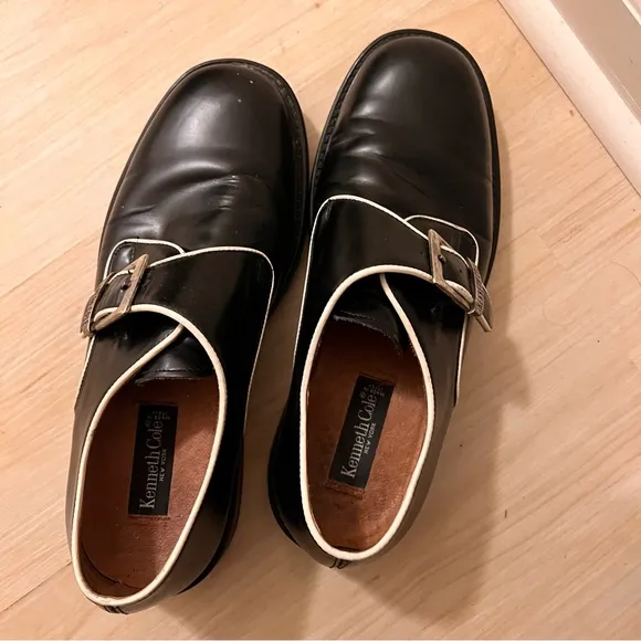 Kenneth Cole Tone Collector Monk Strap Shoes Black Leather Men's 10 White Piping