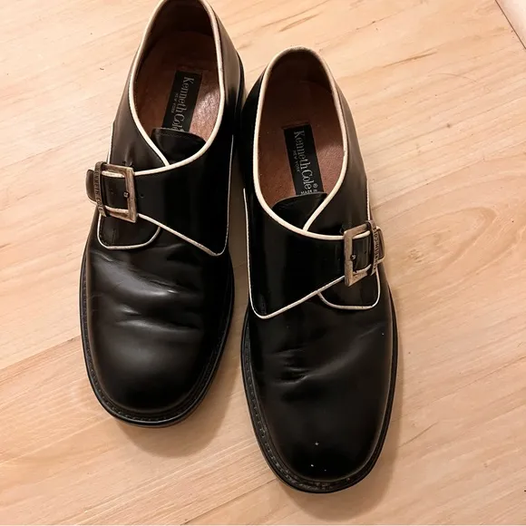 Kenneth Cole Tone Collector Monk Strap Shoes Black Leather Men's 10 White Piping