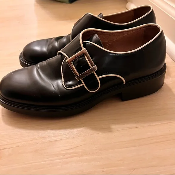 Kenneth Cole Tone Collector Monk Strap Shoes Black Leather Men's 10 White Piping