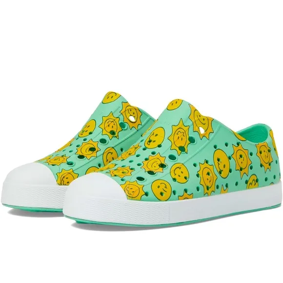 Kids' Green and Yellow Smiley Face Native’s Slip-On Water and Sand Tennis Shoes