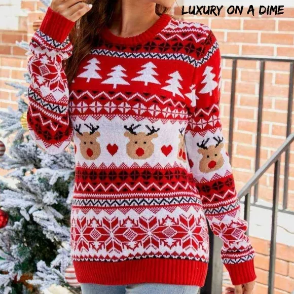 Knit Reindeer Heart Round Neck Winter Holiday Long Sleeve Christmas Sweater