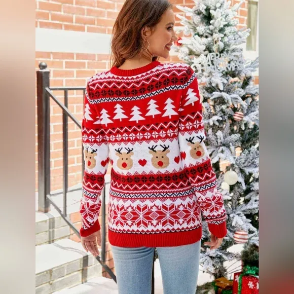 Knit Reindeer Heart Round Neck Winter Holiday Long Sleeve Christmas Sweater