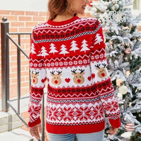 Knit Reindeer Heart Round Neck Winter Holiday Long Sleeve Christmas Sweater