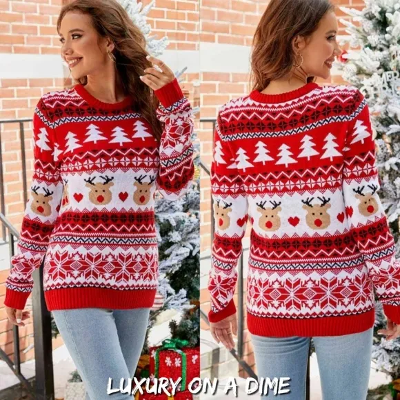 Knit Reindeer Heart Round Neck Winter Holiday Long Sleeve Christmas Sweater