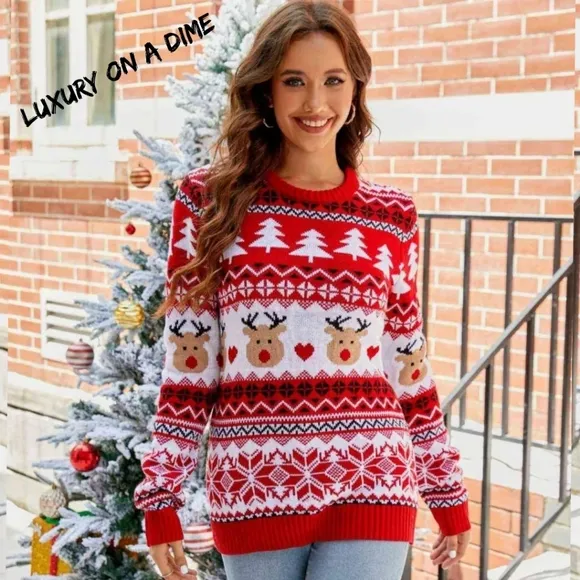 Knit Reindeer Heart Round Neck Winter Holiday Long Sleeve Christmas Sweater