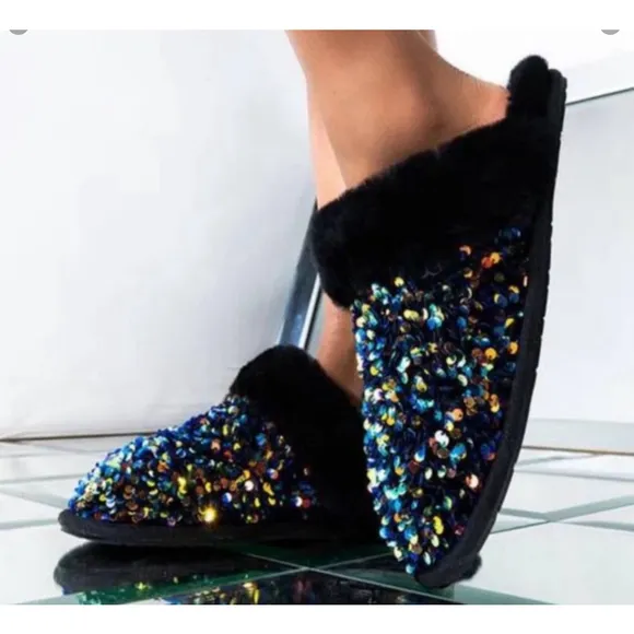 Like New UGG Australia Scuffette II Stellar Sequin Slip on Slippers Black