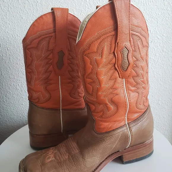 Los Altos Mocha Men Western Cowboy Orange/beige Leather Boots
