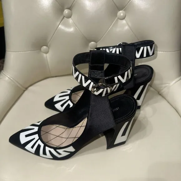 Louis Vuitton Black White Satin Leather Ankle Strap Block Heels Pump 9.5/10 40.5