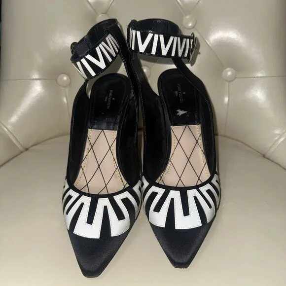 Louis Vuitton Black White Satin Leather Ankle Strap Block Heels Pump 9.5/10 40.5