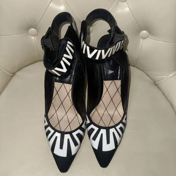 Louis Vuitton Black White Satin Leather Ankle Strap Block Heels Pump 9.5/10 40.5