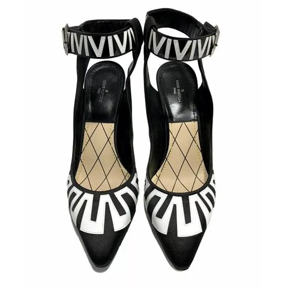 Louis Vuitton Black White Satin Leather Ankle Strap Block Heels Pump 9.5/10 40.5
