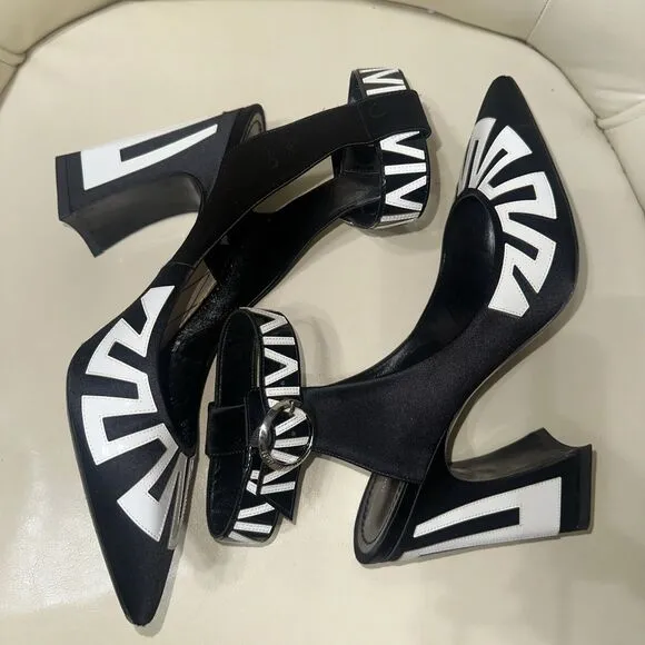 Louis Vuitton Black White Satin Leather Ankle Strap Block Heels Pump 9.5/10 40.5