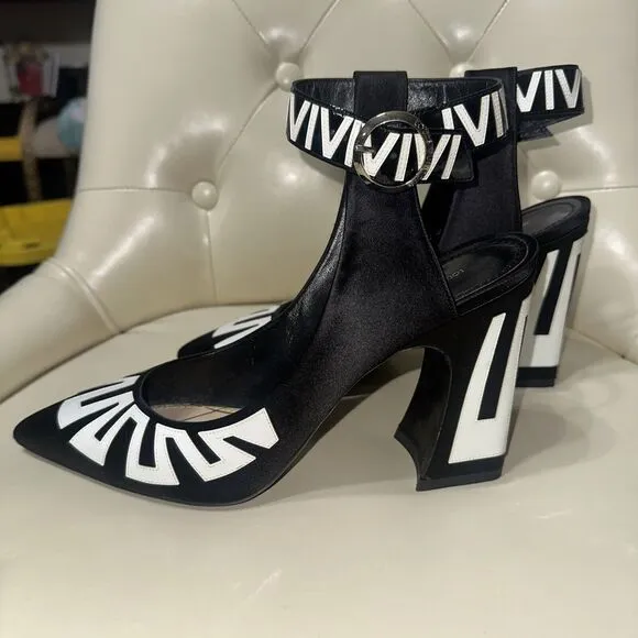 Louis Vuitton Black White Satin Leather Ankle Strap Block Heels Pump 9.5/10 40.5