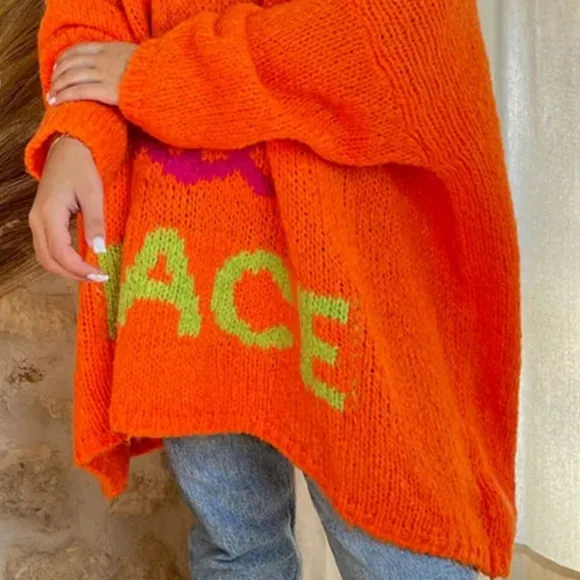 LOVE PEACE Oversized Colorful Knit Top Long-Sleeve Pullover Baggy Sweater Shirt