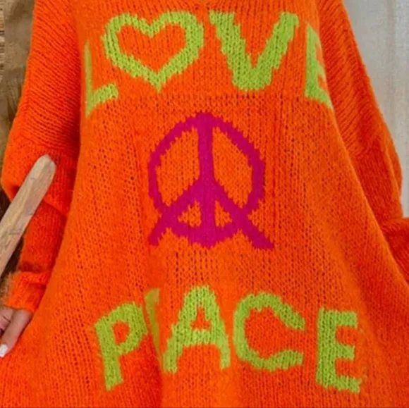 LOVE PEACE Oversized Colorful Knit Top Long-Sleeve Pullover Baggy Sweater Shirt