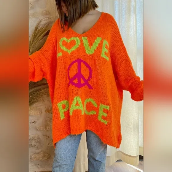 LOVE PEACE Oversized Colorful Knit Top Long-Sleeve Pullover Baggy Sweater Shirt