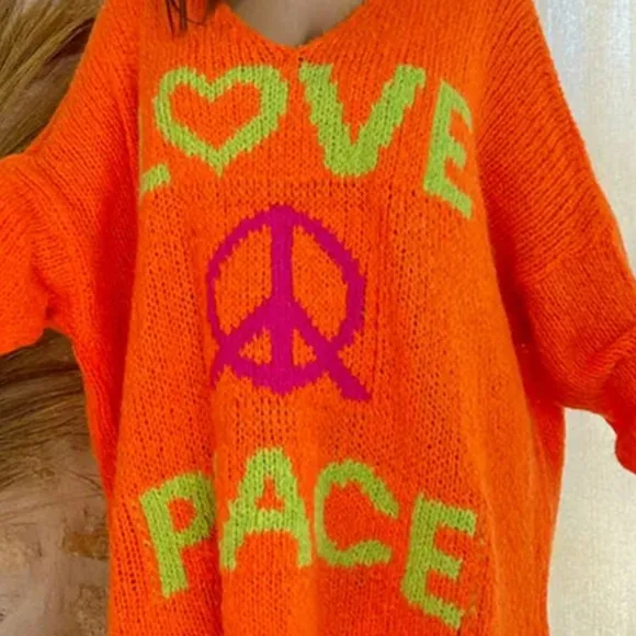 LOVE PEACE Oversized Colorful Knit Top Long-Sleeve Pullover Baggy Sweater Shirt