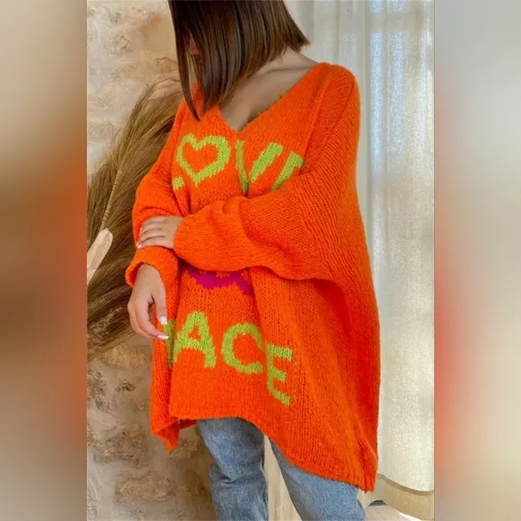 LOVE PEACE Oversized Colorful Knit Top Long-Sleeve Pullover Baggy Sweater Shirt