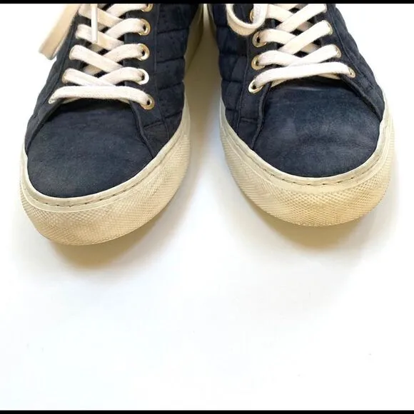 M. Gemi Quilted Suede Navy Blue Low Top Leather Sneakers Made in Italy 38