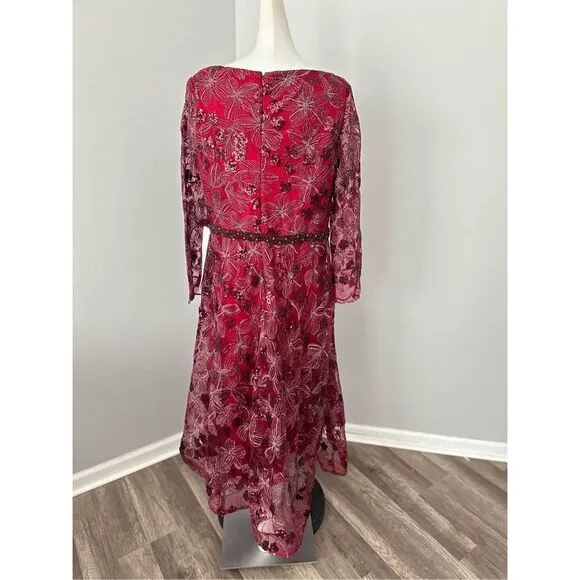 MAC DUGGAL LONG SLEEVE ILLUSION SEQUIN EMBROIDERED MIDI DRESS (PLUS)