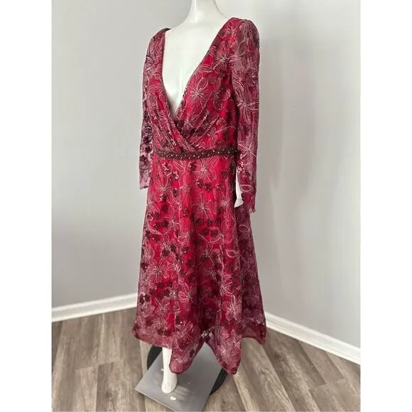 MAC DUGGAL LONG SLEEVE ILLUSION SEQUIN EMBROIDERED MIDI DRESS (PLUS)