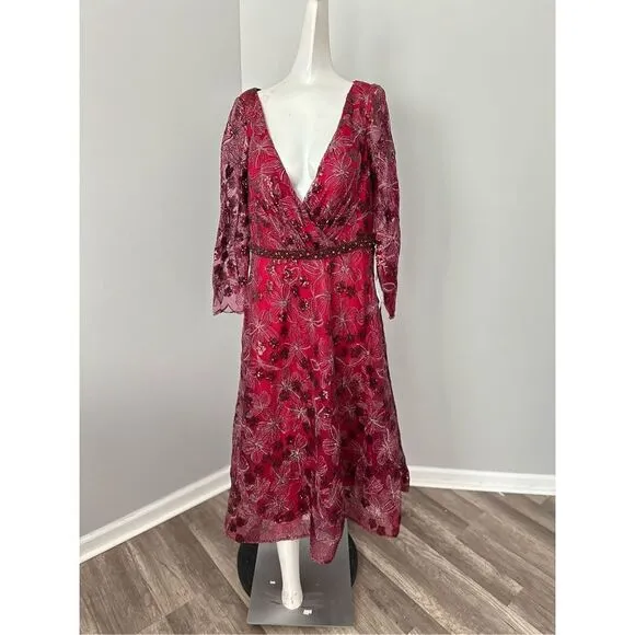 MAC DUGGAL LONG SLEEVE ILLUSION SEQUIN EMBROIDERED MIDI DRESS (PLUS)