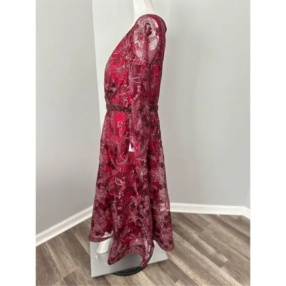MAC DUGGAL LONG SLEEVE ILLUSION SEQUIN EMBROIDERED MIDI DRESS (PLUS)