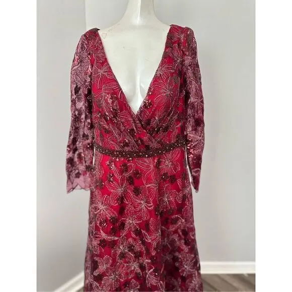 MAC DUGGAL LONG SLEEVE ILLUSION SEQUIN EMBROIDERED MIDI DRESS (PLUS)