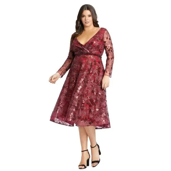 MAC DUGGAL LONG SLEEVE ILLUSION SEQUIN EMBROIDERED MIDI DRESS (PLUS)
