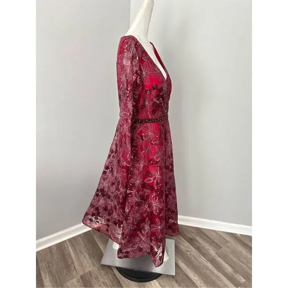 MAC DUGGAL LONG SLEEVE ILLUSION SEQUIN EMBROIDERED MIDI DRESS (PLUS)