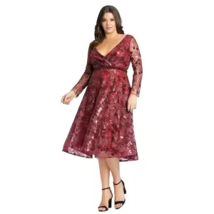 MAC DUGGAL LONG SLEEVE ILLUSION SEQUIN EMBROIDERED MIDI DRESS (PLUS)