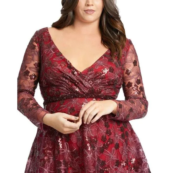 MAC DUGGAL LONG SLEEVE ILLUSION SEQUIN EMBROIDERED MIDI DRESS (PLUS)