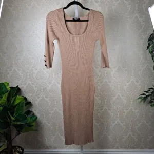 Marciano Guess Size Medium Tan Bodycon Ribbed Sweater Midi Dress ¾ Sleeves