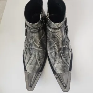 MEN AOMI LEATHER ANKLE BOOTS WITH POINTED METAL TOE SZ 12 RETRO DISTRESS PATTERN