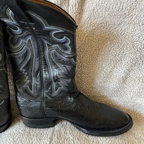 Men Black Genuine Ostrich Western Roper Boots Mfg In Mexico by Panhandle Slim