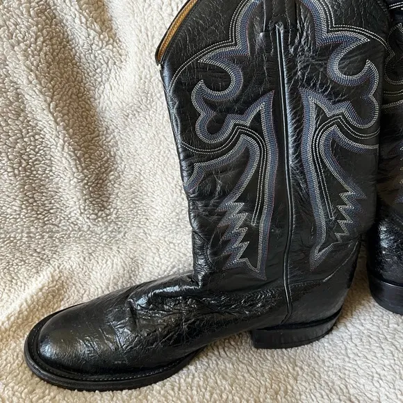 Men Black Genuine Ostrich Western Roper Boots Mfg In Mexico by Panhandle Slim