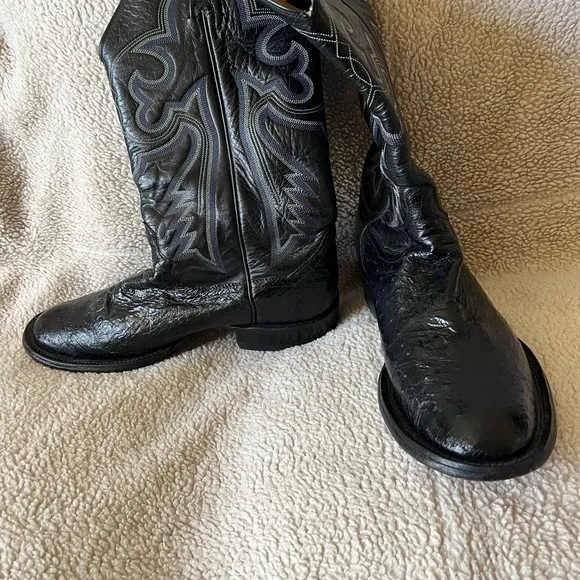 Men Black Genuine Ostrich Western Roper Boots Mfg In Mexico by Panhandle Slim