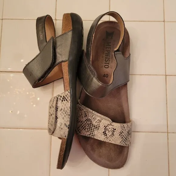 Mephisto Cork Footbed Sandals 10 Snakeskin Print Grey Leather AGAVE Adjustable S