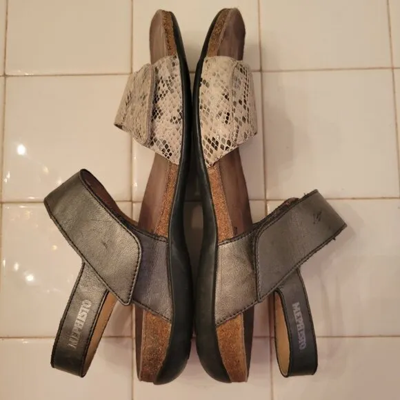 Mephisto Cork Footbed Sandals 10 Snakeskin Print Grey Leather AGAVE Adjustable S