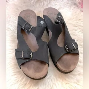 MEPHISTO Terie Nubuck Comfort Wedge Leather Sandals 40