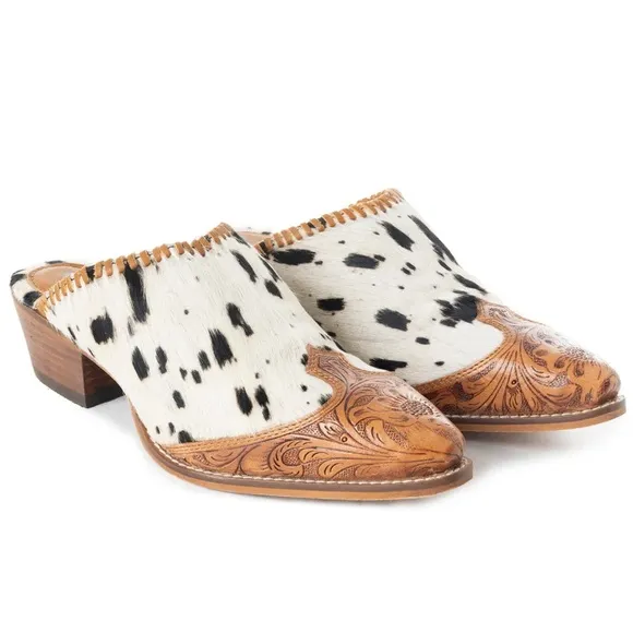 Myra HEELY WESTERN HAND-TOOLED MULES Size 7 Black and White NEW IN BAG
