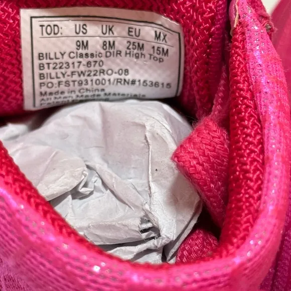 NEW BILLY FOOTWEAR kids classic DIR high top shoes - in pink pr size 9M nwob