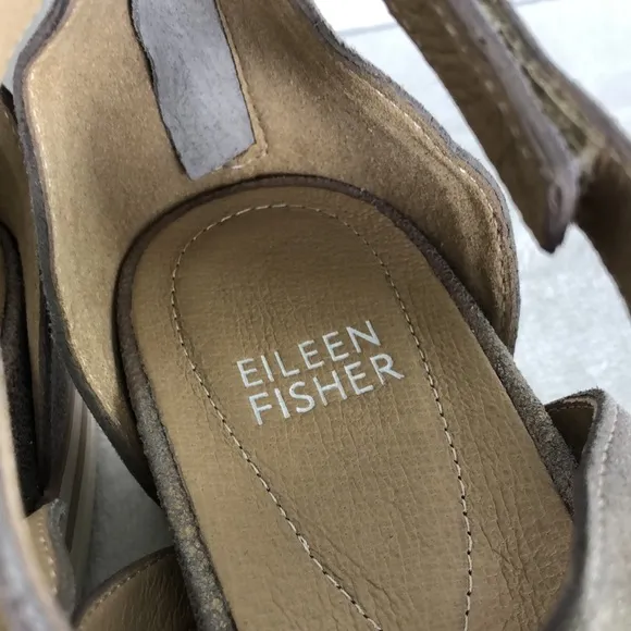 New EILEEN FISHER Women Size 7 Platinum Story Platform Wedge Sandals Zip Straps