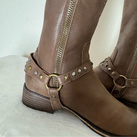 New! Retail $120 BP. Knee High Brown Leather Boots with Studded Design Size 6.5M