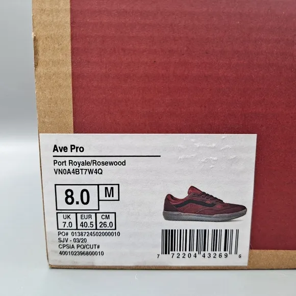 New Vans Ave Pro Port Royale Rosewood Red Black Men's Size 8 Skateboarding